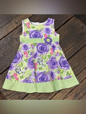 Blueberi Boulevard Sleeveless Purple Floral Girls Dress with Green Polka Dot 2T